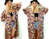 Vintage Purple Floral KIMONO Duster Bohemian Long Jacket/ Robe FESTIVAL Womens Outerwear