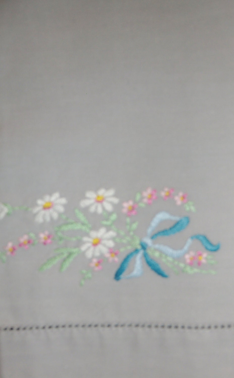 Grey Linen Hand Towel w/ Yellow, Pink, White, Green, and Blue Embroidered Flowers // botanical, spring,