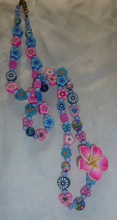 Frangipani Fiesta Necklace Multicoloured Fimo Polymer Clay flowers, hearts and circle beads OOAK Unique Necklace