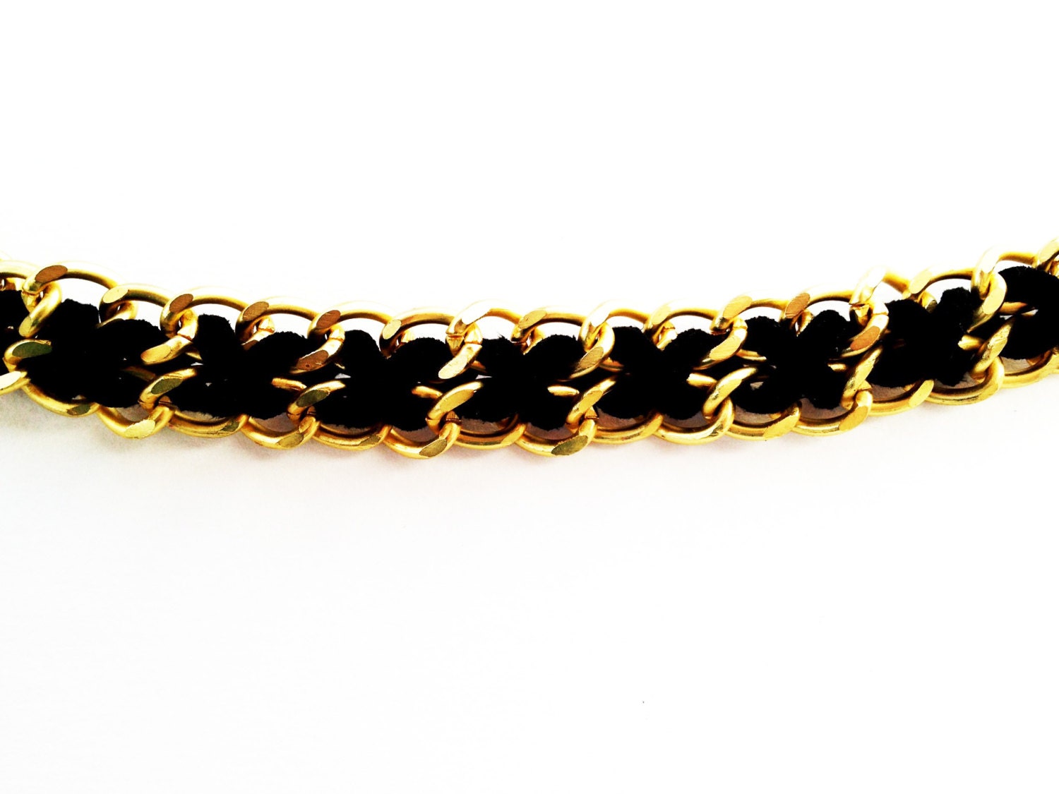 Chain and Leather Suede Woven Arm Candy Bracelet - Cross Style on Matte Gold Chain