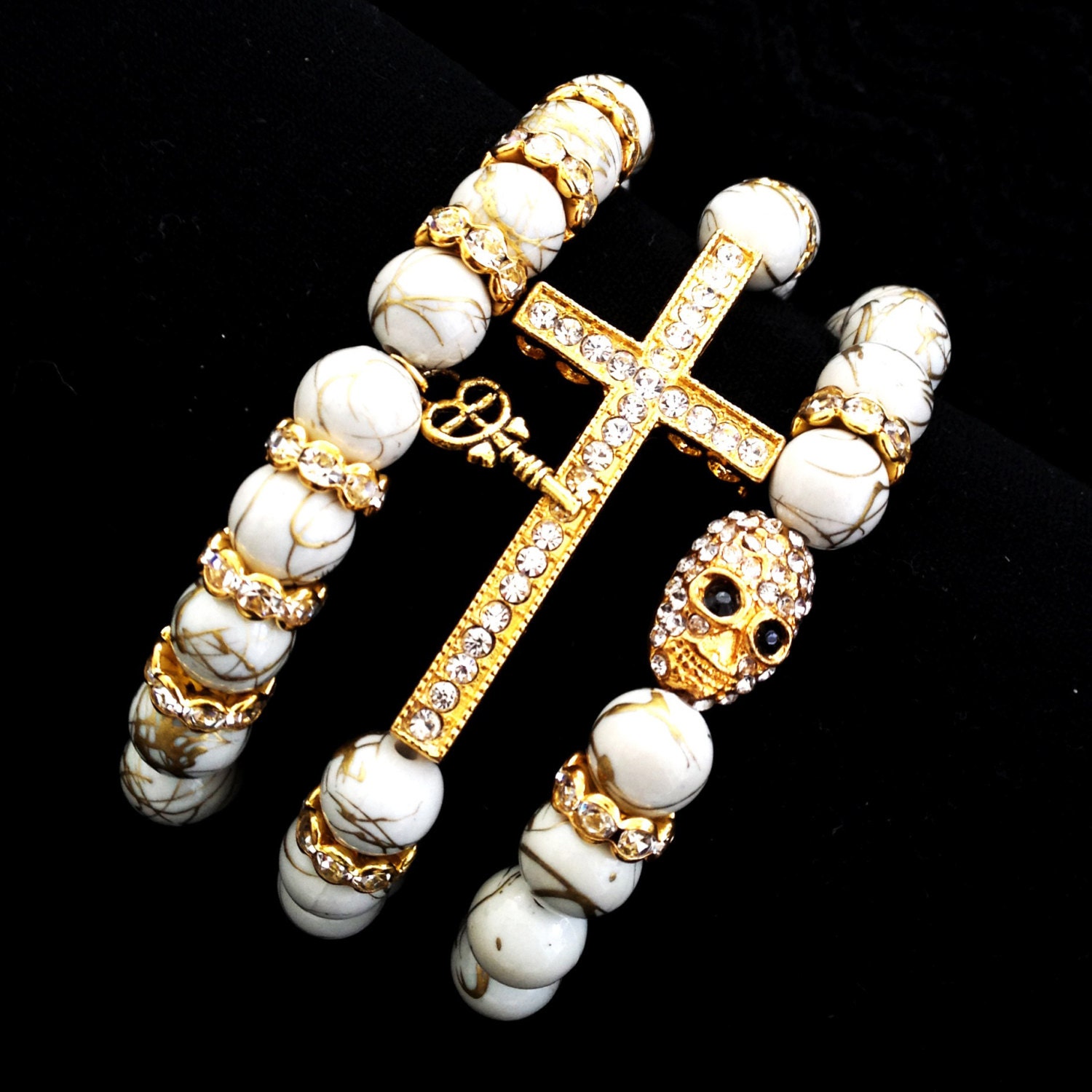 SALE Arm Candy Set: Beaded Bracelet Trio - Cross, Skull, Key, Feather Gold Charms w/Rhinestone Accents