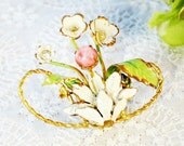 Vintage Flower Bouquet Basket Brooch / Pin, Pink Glass, White Enamel, Rhinestone, Gold Tone, Designer AUSTRIA, 1950s Spring Floral Jewelry