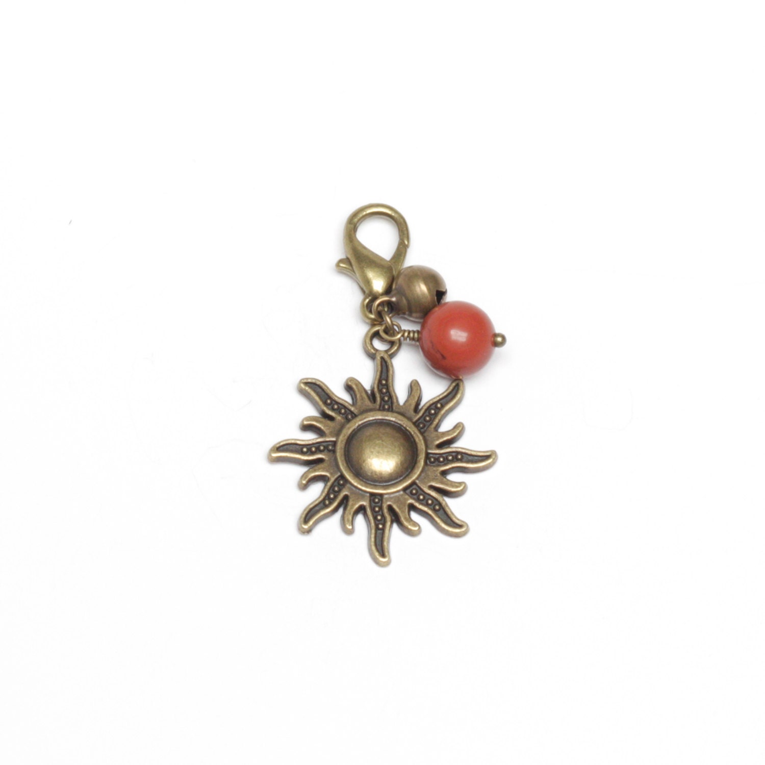 HELIOS Antique Bronze or Silver Charm with Red Jasper or Orange Carnelian Gemstone Bead and Silver Bell, Accessory for Pet Collars