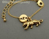 Tiger charm bracelet, initial hand stamped, personalized, yellow gold plated antique pewter, friendship bracelet, mothers bracelet