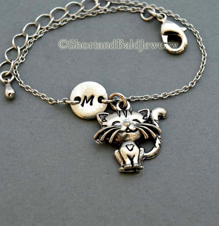 Cute Cat charm bracelet, Kitten, Kitty, initial hand stamped, personalized, antique silver pewter, friendship bracelet, mothers bracelet