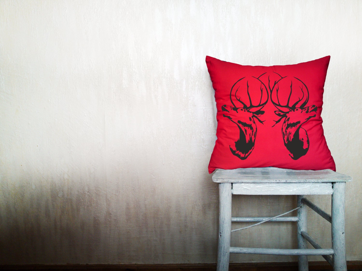 Deer pillow decorative throw pillow cover red cotton toss pillow case hand painted cushion rustic bedding bedroom set 18x18 inches ohtteam