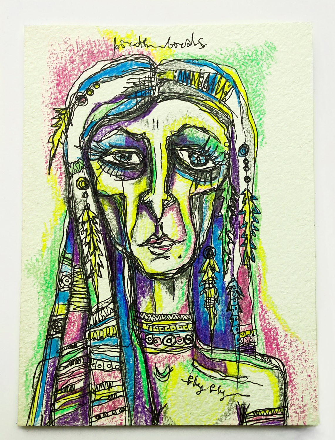 Bird - original drawing, pen and colored pencils drawing, original illustration, pen and ink, portrait, home decor, modern art, summer