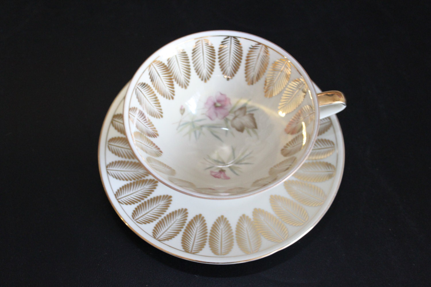 Vintage Gold Gilt Bareuther Bavaria Tea Cup Duo Floral Palm Leaf Design Shabby Cottage Chic