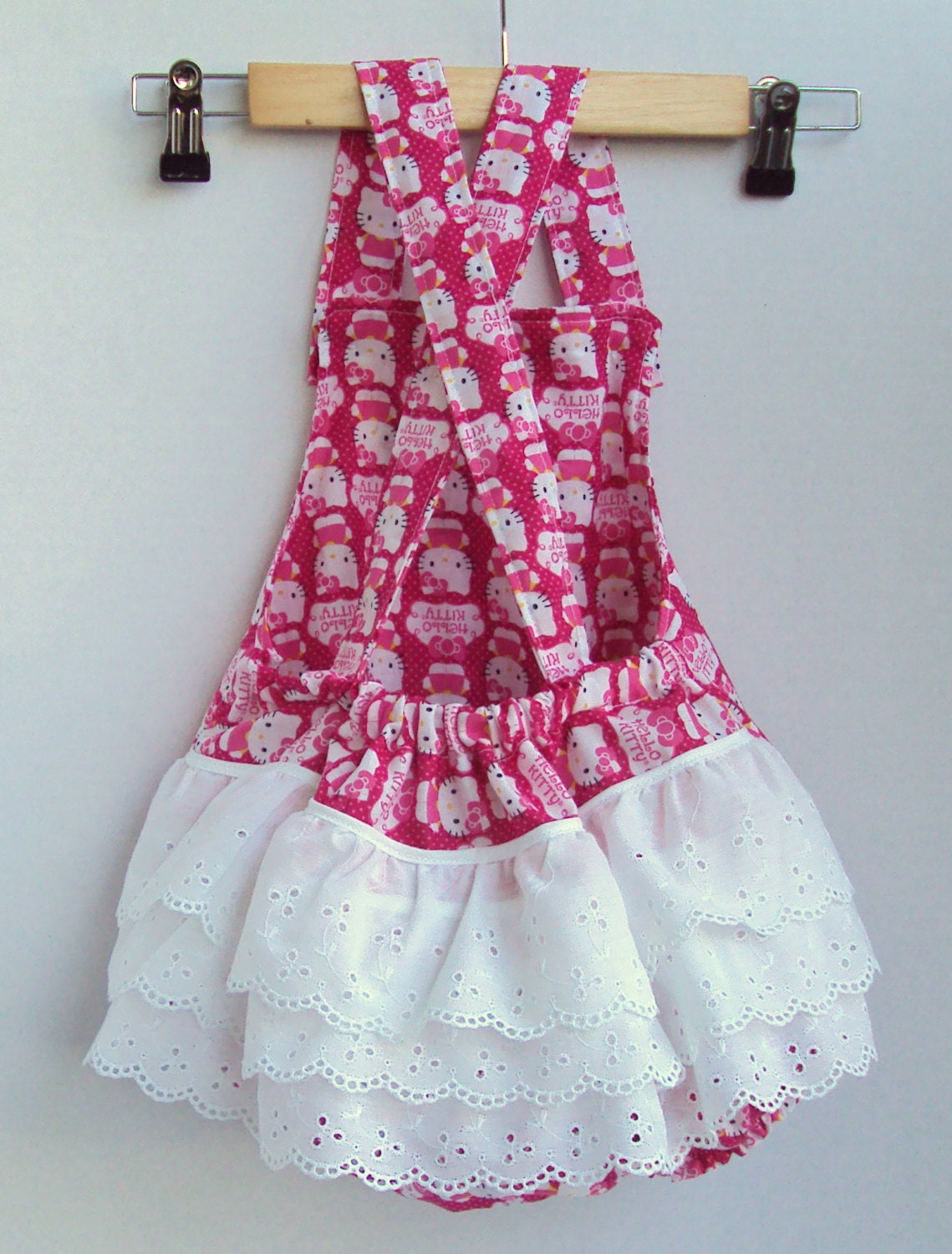 Made to Order - Pink Hello Kitty and Eyelet Cotton Lace Romper - Romper - Hello Kitty - lace - white -Pink - jumper - girl - baby