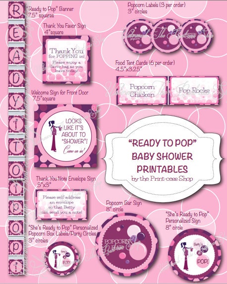 Ready to Pop Pink and Purple Baby Shower Printable Decoration Pack Personalized, Custom in PDF Format Il_570xn