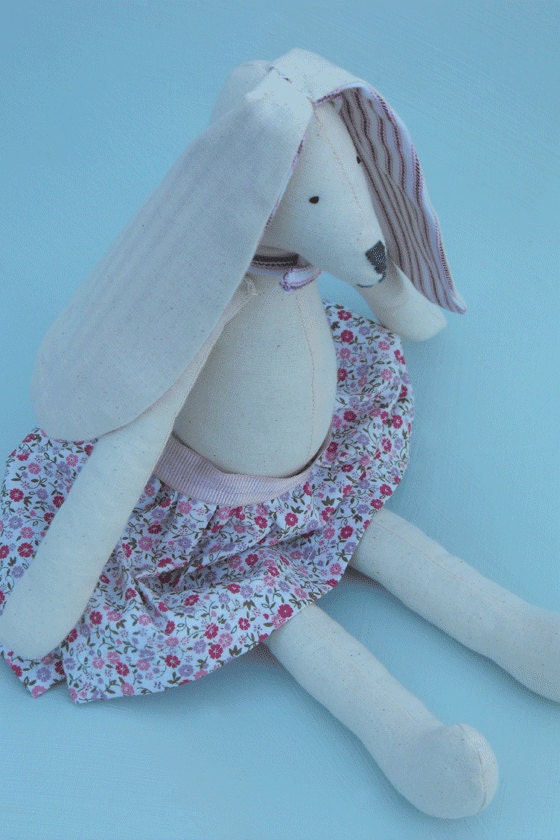 Stella the Handmade Calico Soft Bunny Rabbit with Striped Ears and Pink Floral Skirt