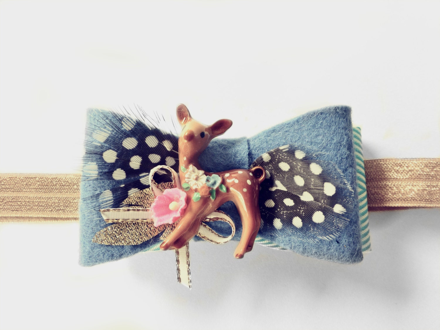 Fawn & Feather Headband - Wool Felt Bow  - Baby Bow Headband - Woodland Headband