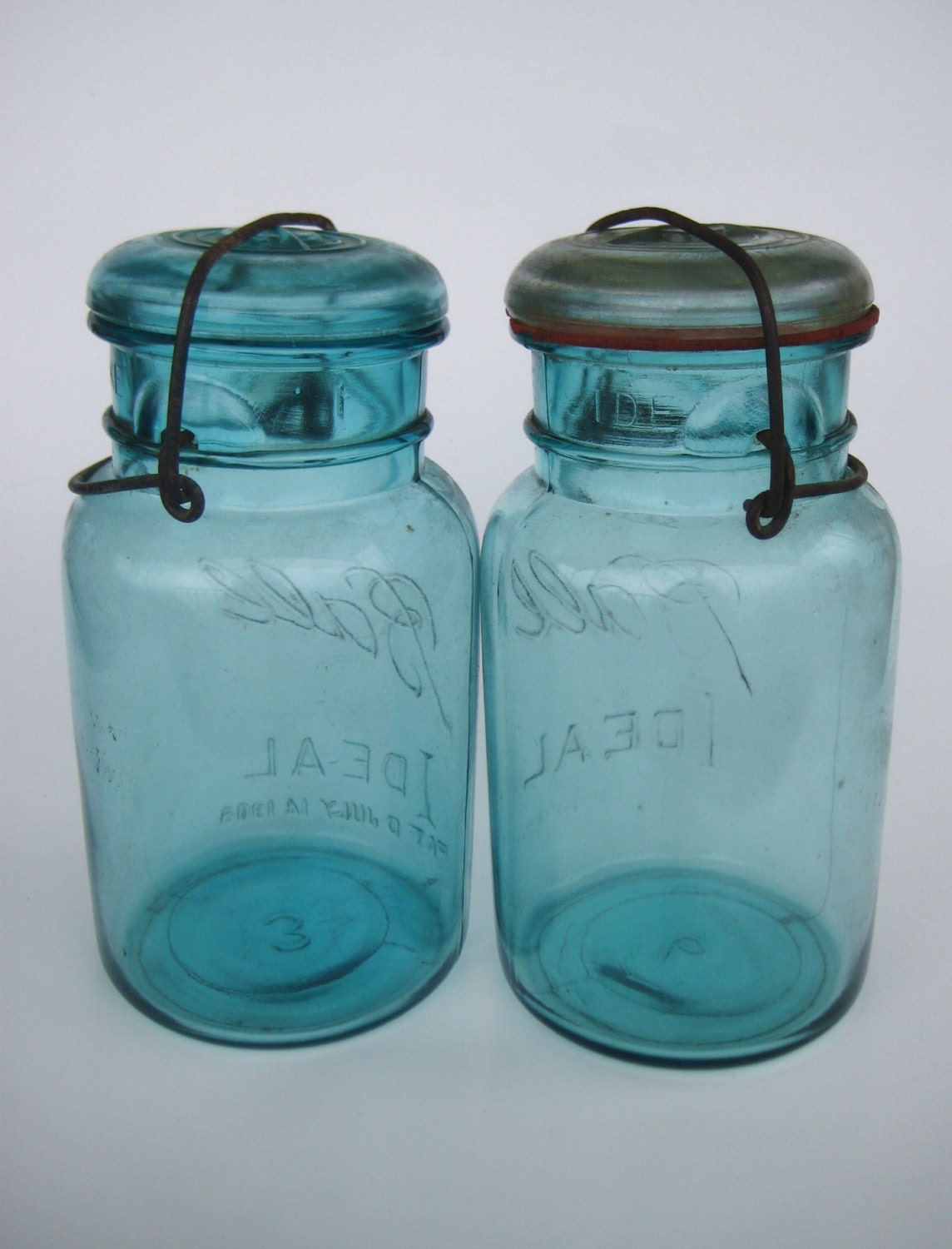 Lot of 2 Antique BALL IDEAL Aqua Blue Mason JARS with Lids - Quart Size
