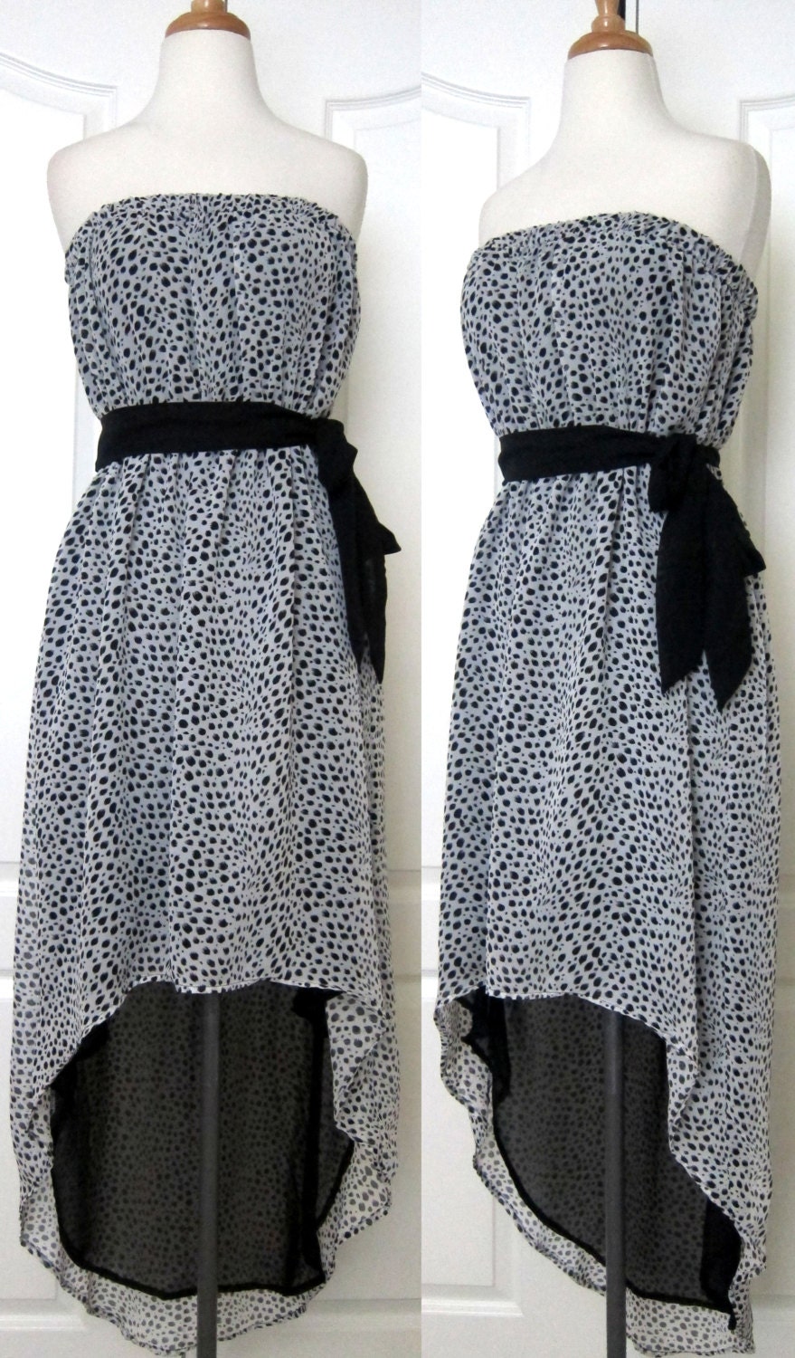 Beautiful Black White Leopard / Animal Print Chiffon Strapless High Low Dress with Sash Belt
