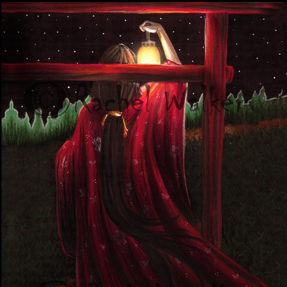8x10 matted to 11x14 Beyond the Gate, kimono, ribbons, cherry blossoms, red Torii, Japan, Ghost, lantern painting by Rachel Walker
