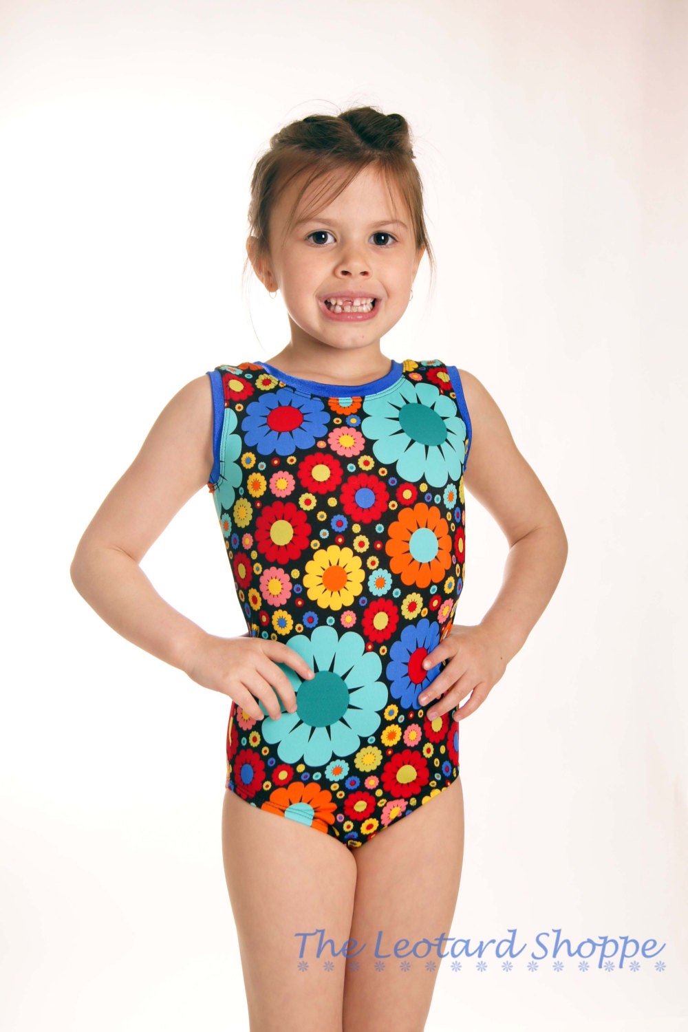 Childrens Chocolate Teal Blue Orange Red Yellow Retro Flower Gymnastics Dance Lycra Leotard