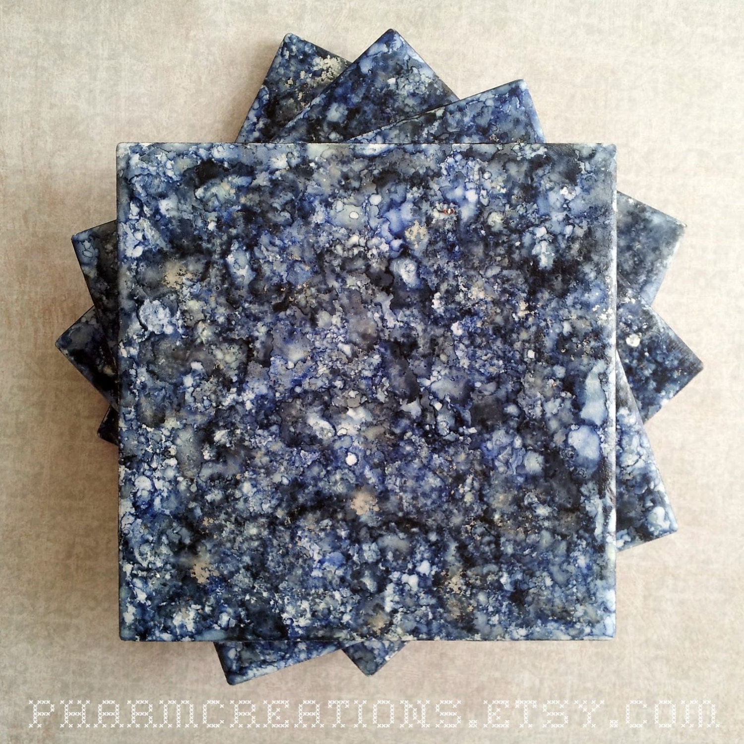 Blue Gray Silver Ink Ceramic Tile Coaster 4x4" Set of 4
