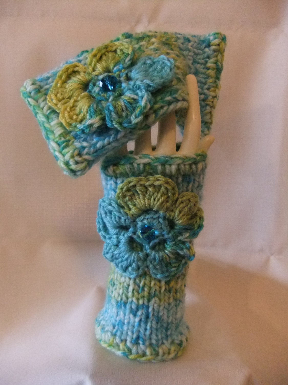 Fingerless Gloves Mittens Handmade Knitted Woman Girl Wrist Arm Warmers Blue Greens Fingerless Knit Handmade Accessory with  Flower