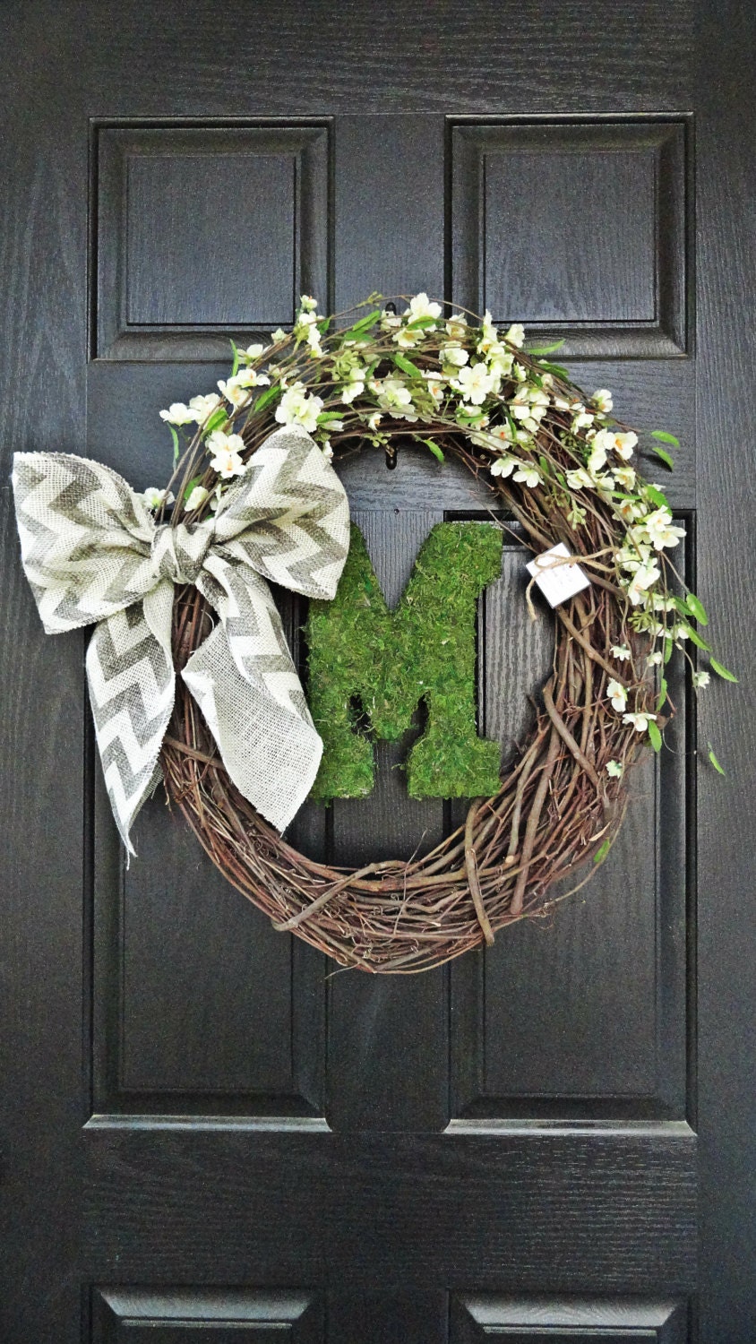 NEW - Rustic and Chevron Burlap Flower and Moss Monogram Wreath for Wedding, Housewarming, Gift, Spring and Summer Wreath
