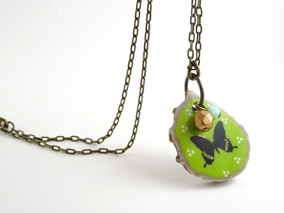 Green Nature Pendant - Butterfly Shabby Chic Spring Necklace - Woodland Boho Jewelry
