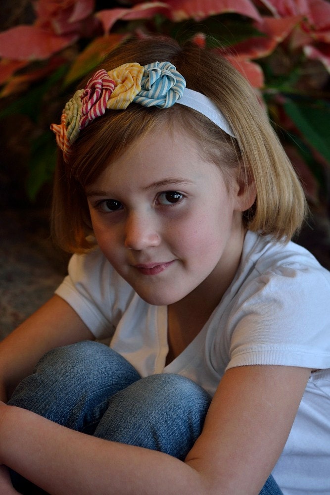 Multi-color headband striped flowers in green, orange, yellow, blue, and green, girls headband, baby headband, headband hair accessory