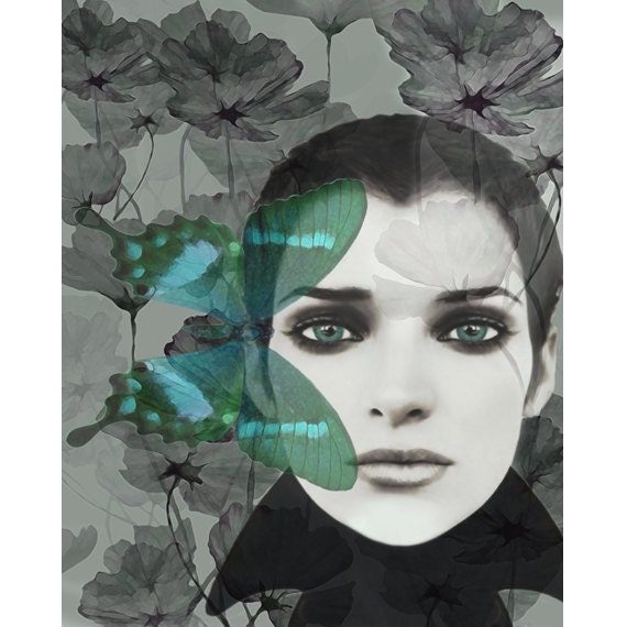 Black white portrait photomontage digital art print butterfly aqua teal grey collage