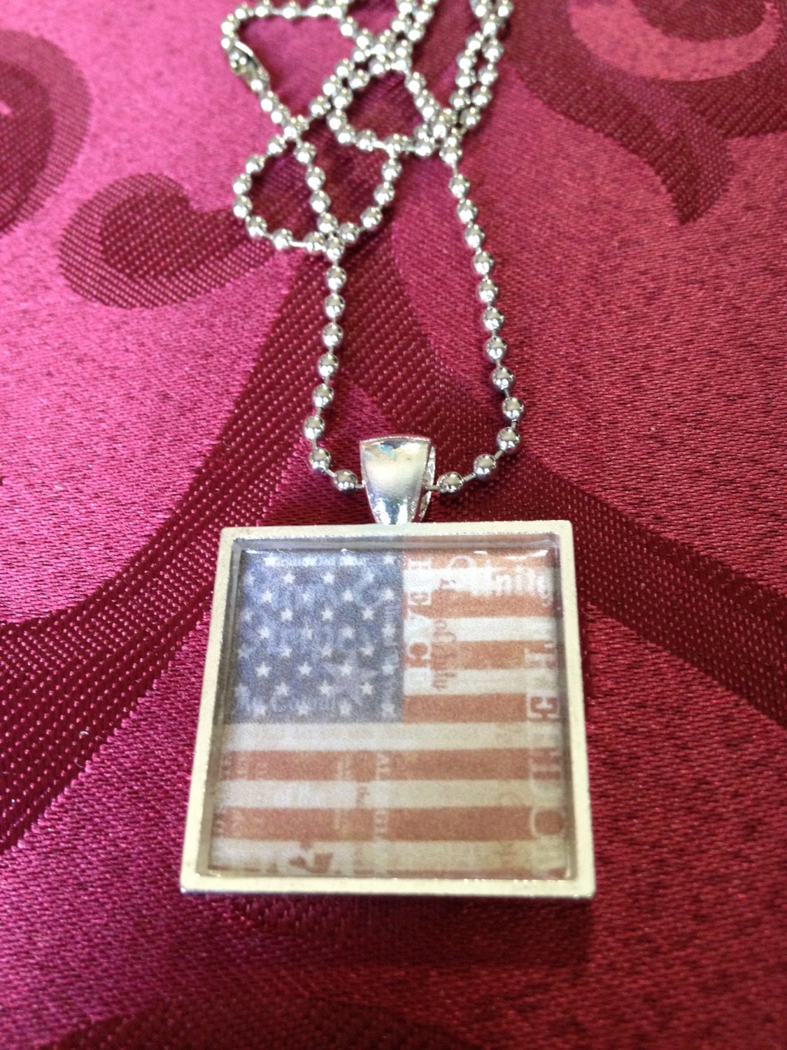Red, White & Blue Flag Silver Square pendant necklace on ball chain