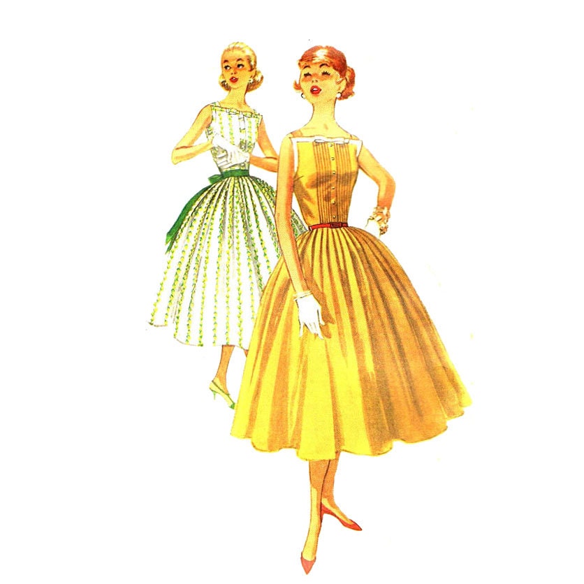 1950s Vintage Dress Pattern Simplicity 2033 Square Neckline Full Skirt Dress Bust 33 Vintage Sewing Pattern