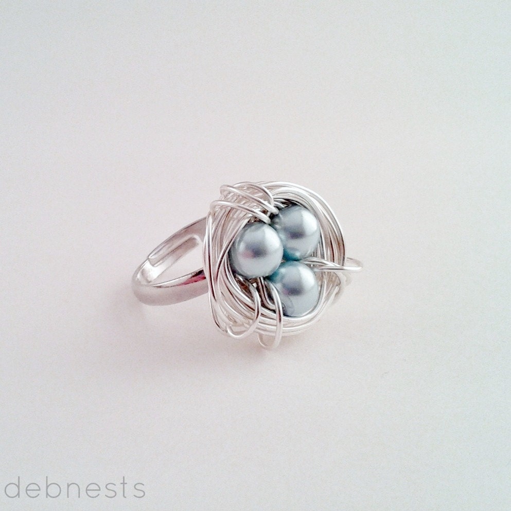 Bird Nest Ring, Light Blue Glass Beads in Silver Plated Wire Nest, Adjustable Band