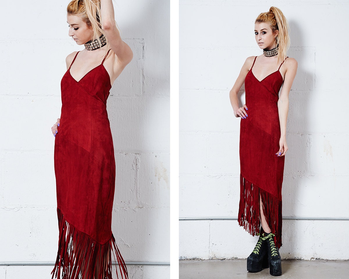 x / / Red Suede Fringe Dress M / / x