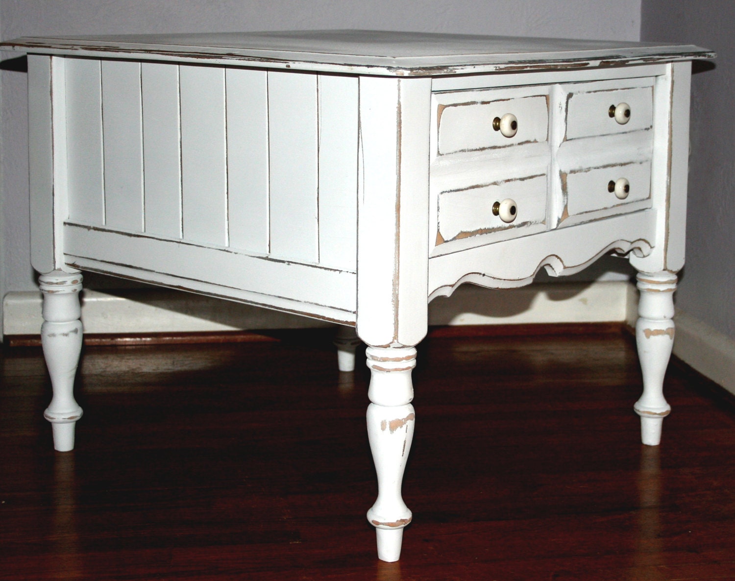 Vintage Bassett furniture White Hand Painted Shabby Chic Cottage Distressed Wood Table / Nightstand / Commode with Storage (2 Avail.)