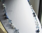 Blue Wire Wrapped Bolivian Sodalite and White Quartzite Blue Wire Flower Necklace