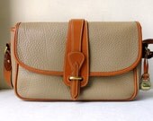 Vintage Mint Dooney & Bourke Large Equestrian Taupe and Tan Brown All Weather Leather Handbag, Cross Body Satchel, Shoulder Organizer Purse