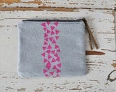 Small Coin Pouch - Light Gray with Bright Pink Triangle Print - Hand printed