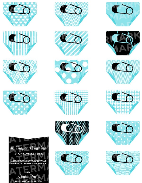 16 TURQUOISE Black and White DIAPER Printables : Decor / Cake Toppers  / Instant Download - Hues Studio