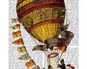 Vintage Hot Air Balloon Gold with Flags, Digital Art Print Illustration Mixed Media Original Print wall art wall decor wall hanging