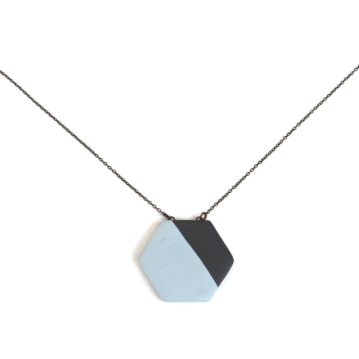 hexagon necklace / grey and blue geometric pendant / minimal jewelry