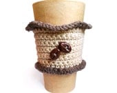 Coffee Bean Cup Cozy Ruffle Sleeve Taupe Cream Mocha Brown Button Crochet Holder Handmade Buttons
