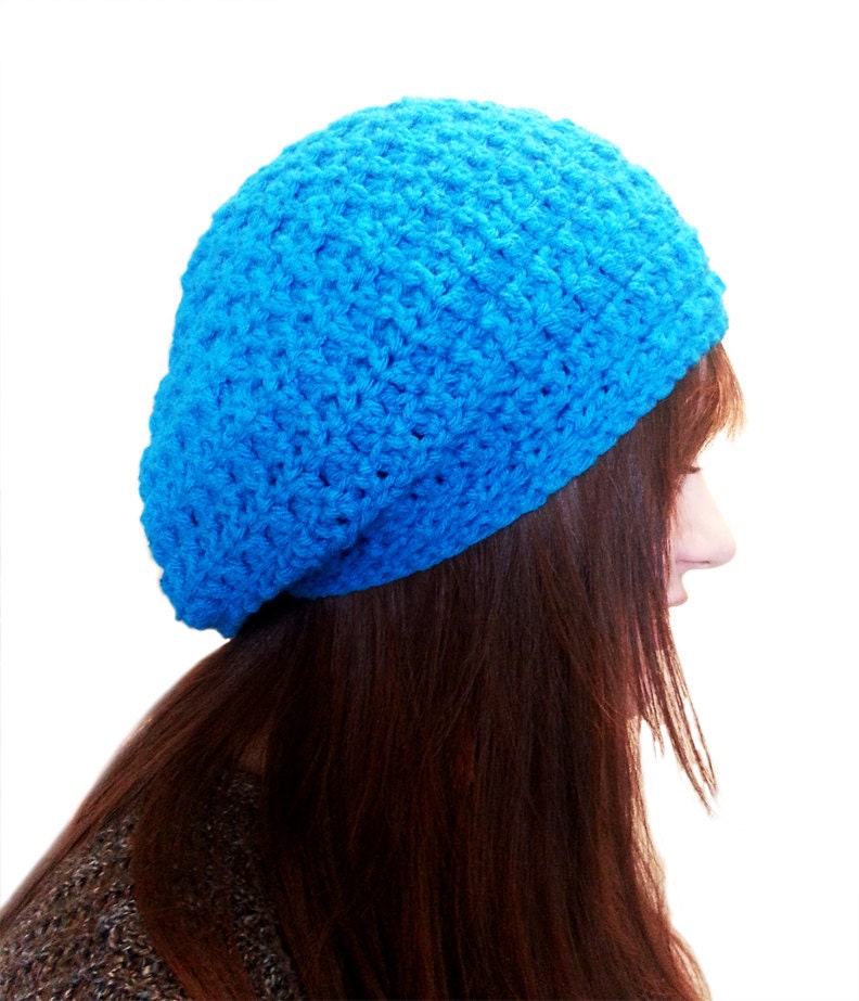 Blue Slouchy Beanie Crochet Beret Style Hat Vibrant Summer Hand Made Slouch Cute Comfy Hand Made Woman Womens Teen