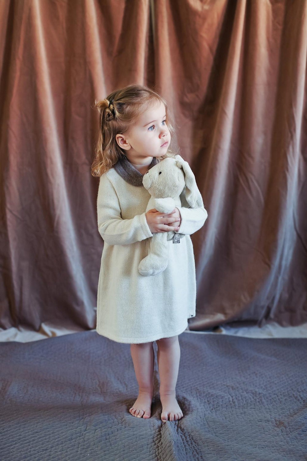 White knitted baby alpaca dress with peter pan collar