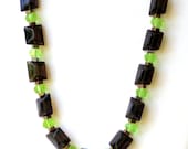 Short Chunky Smoky Grey Chartreuse Necklace/ Czech Glass Beads Swarovski Crystals/ Geometrical Modern Sparkling Festive / OOAK Unique