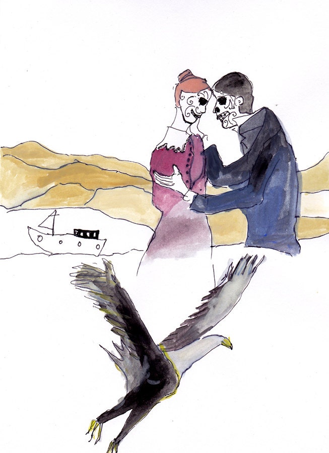 Original Drawing "A Romantic Gesture" Mexican folk art, day of the dead art, eagle drawing