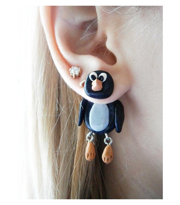 Pair of Real Custom Gauges Plugs 0g, 00g, 7/16, 1/2, 9/16, 5/8, 3/4, 7/8, 1 inch earrings black penguin, Polymerclay, handmade