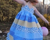 Girl's Maxi Dress, Stripwork Tiered Dress with Ruffle. Blue and Yellow Flower Dress, Sundress. Sizes 12mo, 18mo, 2t, 3t, 4t, 5t, 6, 7, 8