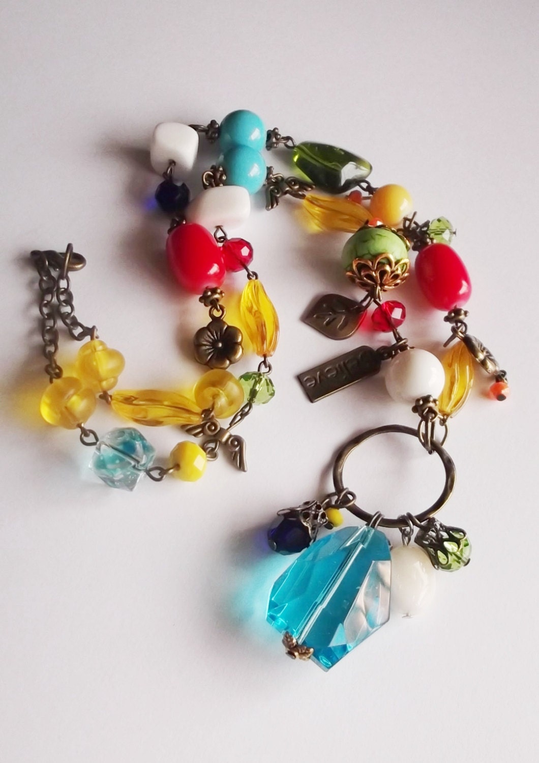Primary Colors: Whimsical Multicolored Beaded Necklace with Blue Faceted Glass Gem Pendant, Teacher Jewelry