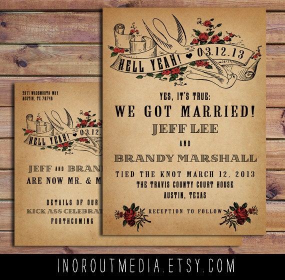Rustic Elopement Card, Eloped, Punk, Vintage - tied the knot, courthouse wedding, wedding announcement, rock n roll, eloped