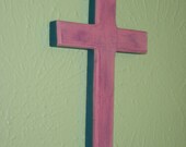 Cute and Funky little Cross for the Nursery- Wooden Cross- Distressed- Pink, purple and green