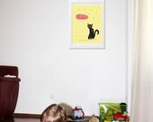 Nursery wall art print - Black Cat in the rain.  Nursery wall art modern. 8x10 inches. Children wall art  prints.