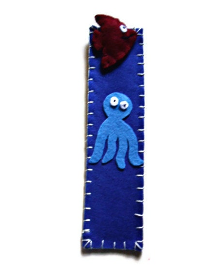 blue bookmark with little fish and octopus of felt fabric