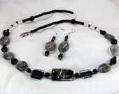Necklace & Earrings Set, Genuine Quartz, Black Gray Silver, Lampwork Glass, Dangle Earrings Handmade Gift Statement